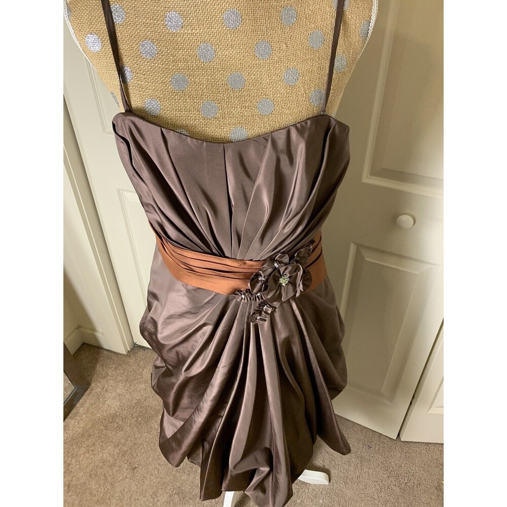 Simone Carvalli Dress Brown Woodland Forest Fairy Ruched Floral Appliqué Size 12 - Picture 9 of 16